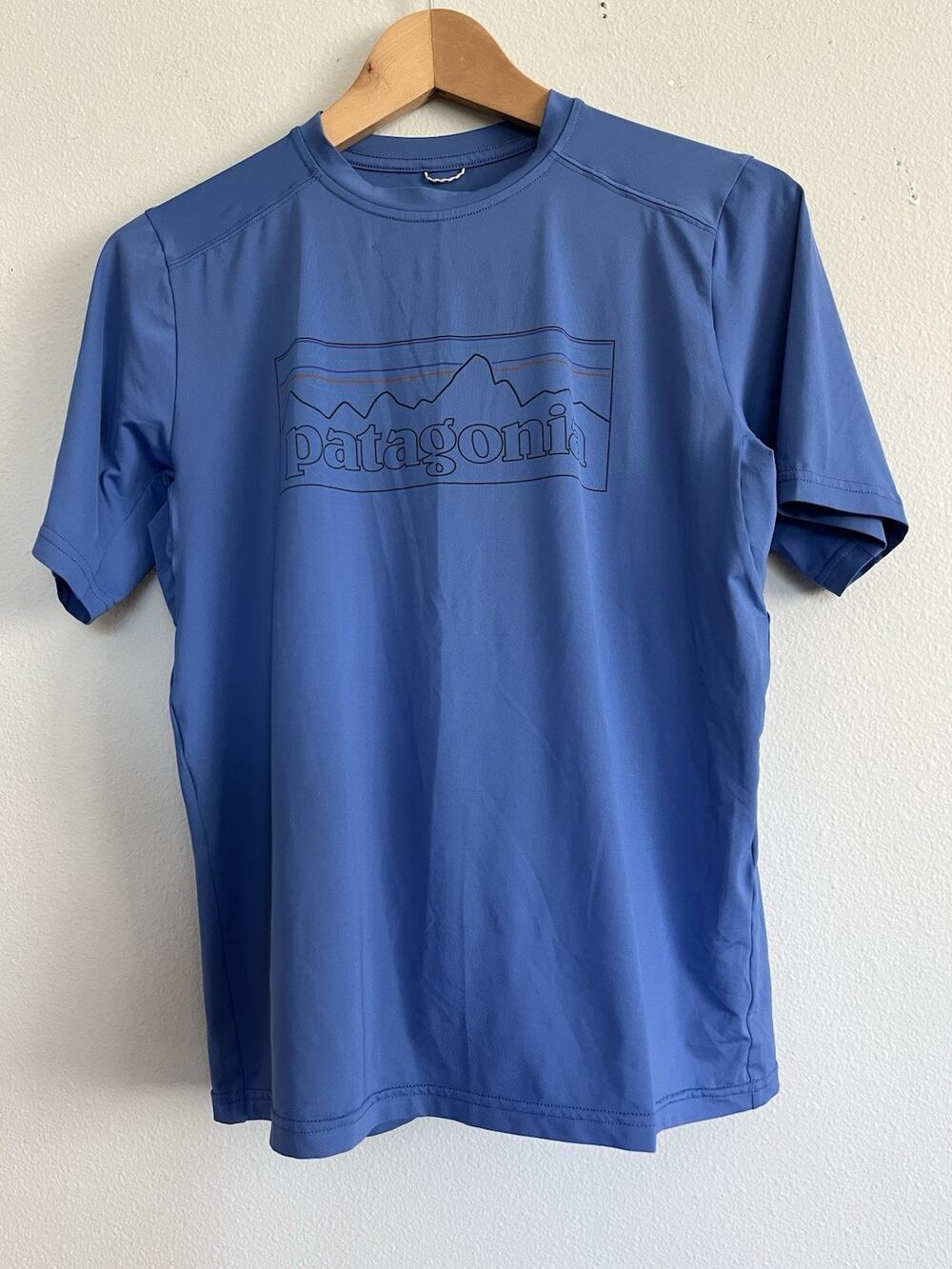 Patagonia T Shirt Boys Sz XL 14 Blue Graphic Short Sleeve Silkweight Base Layer